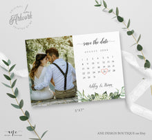 Load image into Gallery viewer, Rustic Greenery Calendar Save The Date Template, Eucalyptus Country Barn Printable Wedding Date Announcement Card, Editable DIY Download 018
