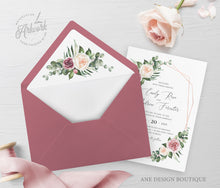 Load image into Gallery viewer, Boho Mauve Floral Wedding Envelope Liner Template, Country Rustic Greenery, A1, A2, A7, DIY Printable Envelope Liners, Instant Download, 007
