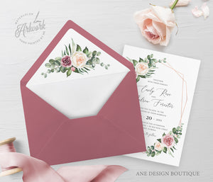 Boho Mauve Floral Wedding Envelope Liner Template, Country Rustic Greenery, A1, A2, A7, DIY Printable Envelope Liners, Instant Download, 007