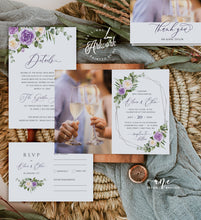 Load image into Gallery viewer, Floral Purple Wedding BUNDLE Template, Very Peri Color of 2022, Printable Lavender Wedding Invitation Suite, Editable Wedding Signage 034
