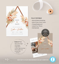 Load image into Gallery viewer, Terracotta Boho Arch Pampas Grass Save The Date Template, Tropical Bohemian Dried Palm Leaf Wedding Date Announcement Card, Printable 017b
