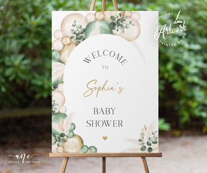 Sage Green Baby Shower Welcome Sign Template, Gender Neutral Editable Poster Sign DIY, Muted Boho Pampas Balloon Arch, Digital Download 035